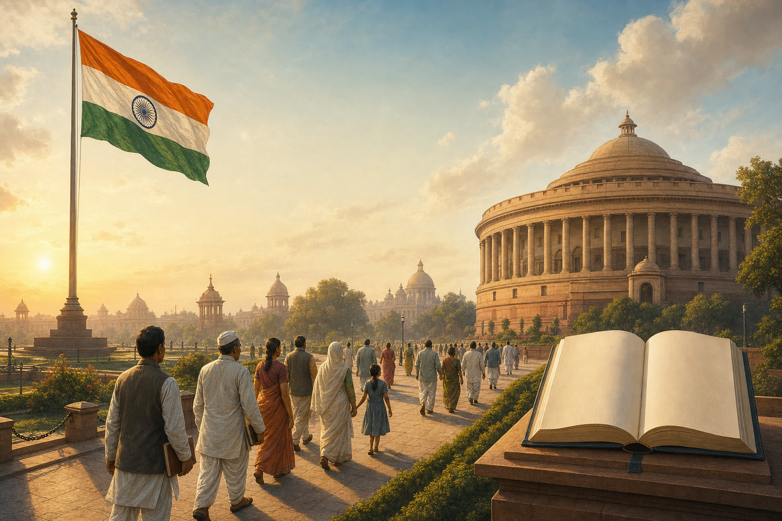 Citizens walk from a public square with the Indian flag toward an open book and a democratic assembly hall.
