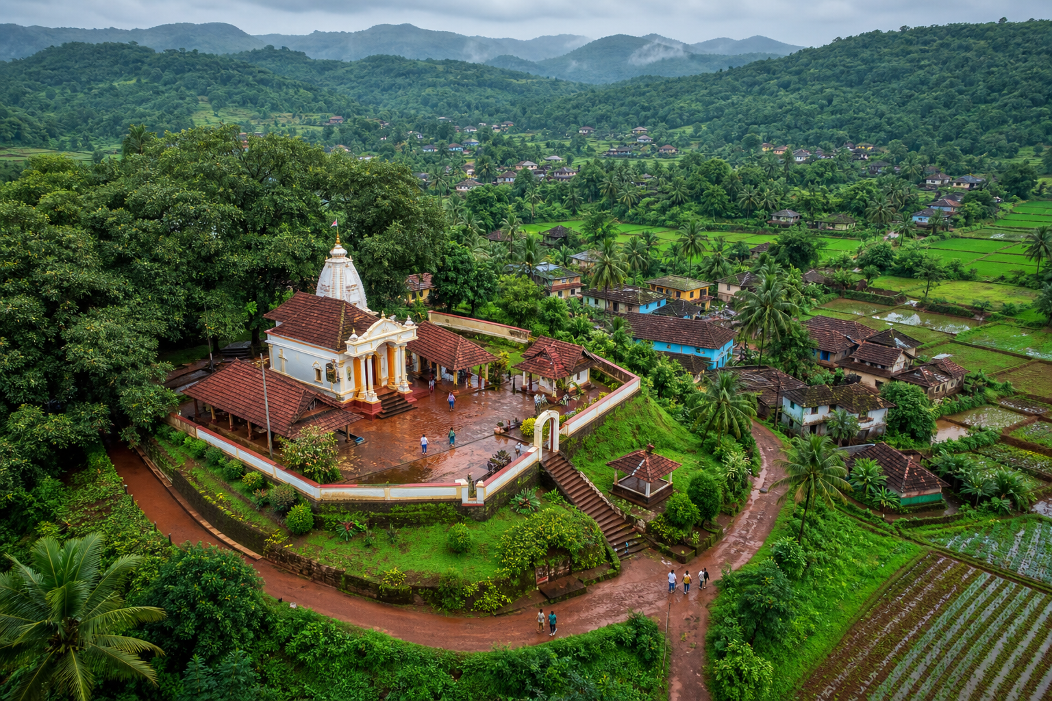 Elevated illustration of an inland Goan temple connected by laterite paths to a grove, homes, cultivated land, palms, and distant green hills.