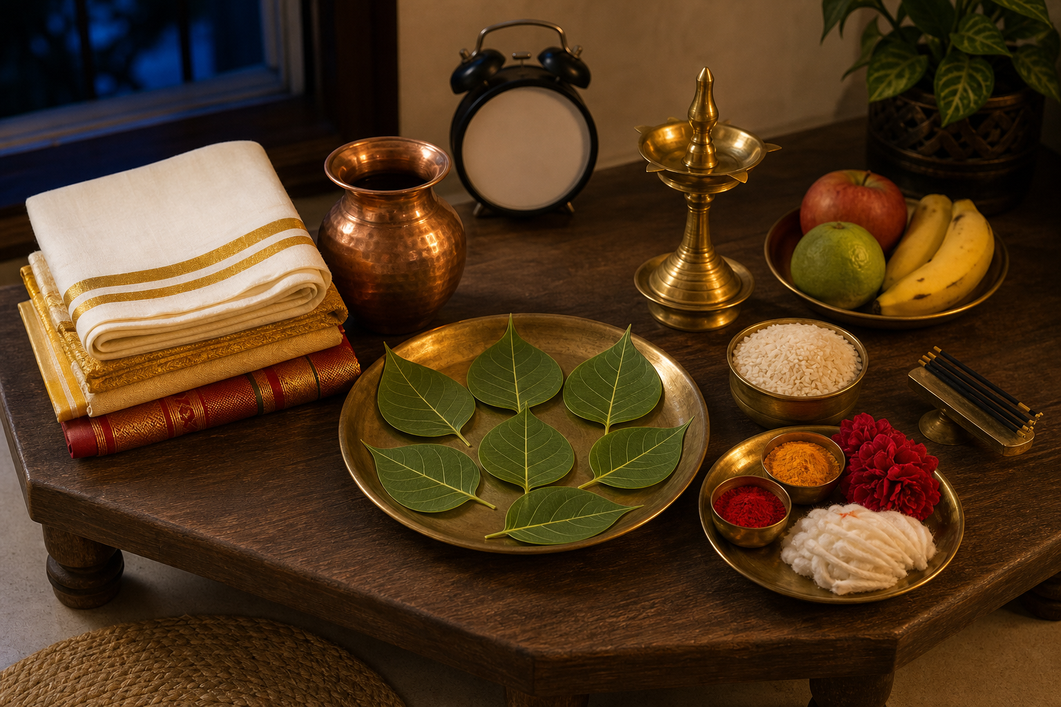 Ratha Saptami puja supplies, fresh clothing, copper vessels, flowers, fruit, and seven leaves are arranged the night before.