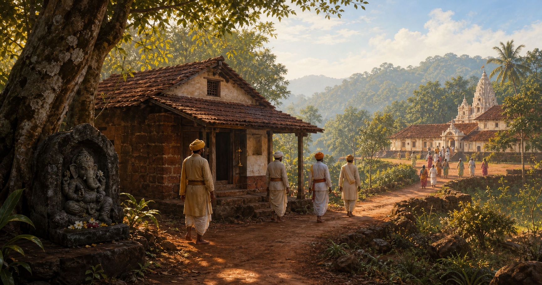 Conceptual illustration of a sheltered stone Ganapati image, a modest tiled shrine, anonymous Maratha-era patrons, and a later active temple arranged across one inland Goan landscape.
