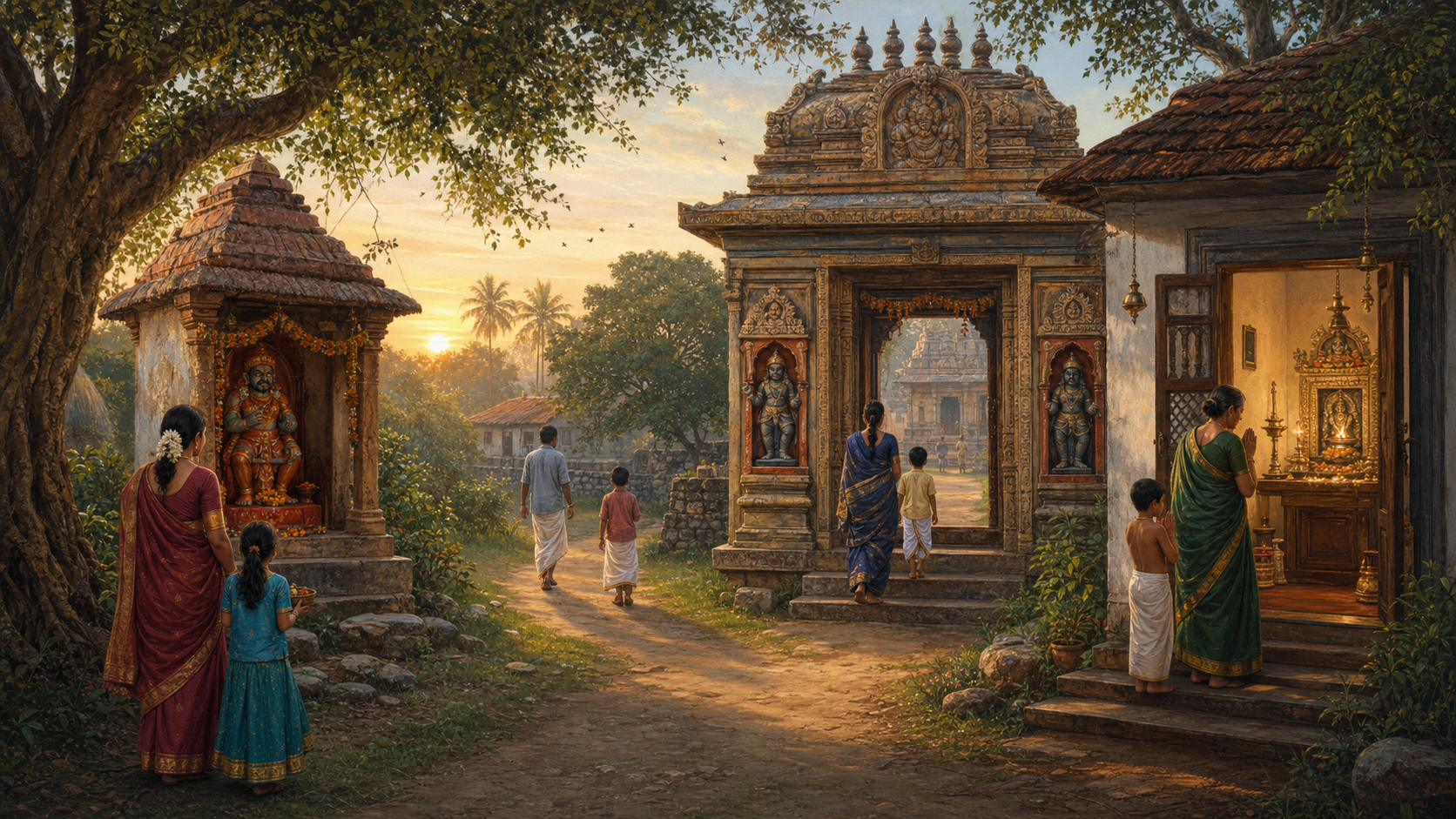 A village boundary shrine, a temple gateway with guardian figures, and a household shrine appear along a path as devotees approach at dawn.