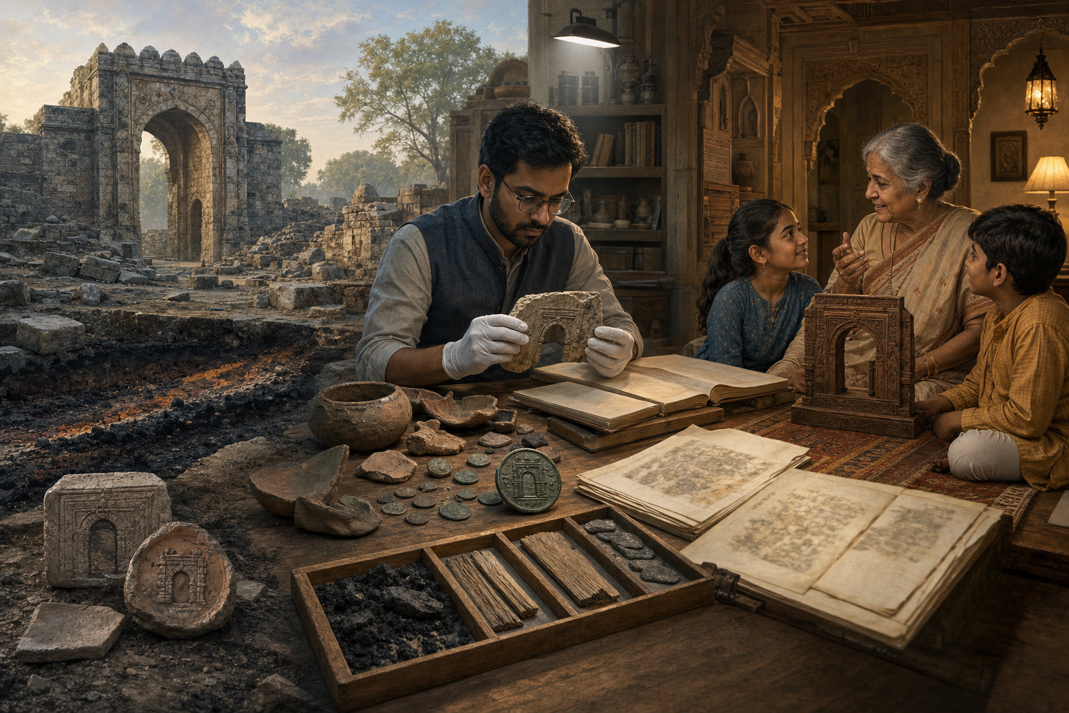 Three connected scenes show weathered historical remains, a researcher examining evidence, and a grandmother sharing a remembered story with younger family members.