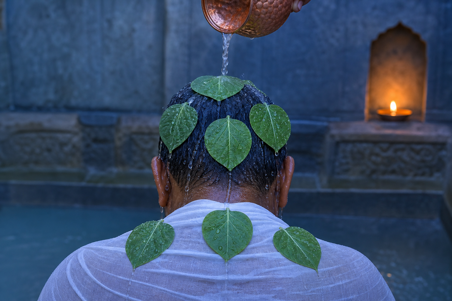 A modestly draped devotee performs a pre-dawn ritual bath with water from a copper vessel and seven leaves placed on the head and shoulders.