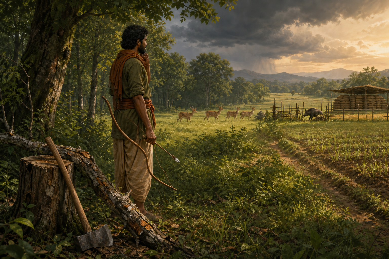 A forest steward considers a resting axe and an unstrung bow while watching a boar begin to breach a distant field fence.