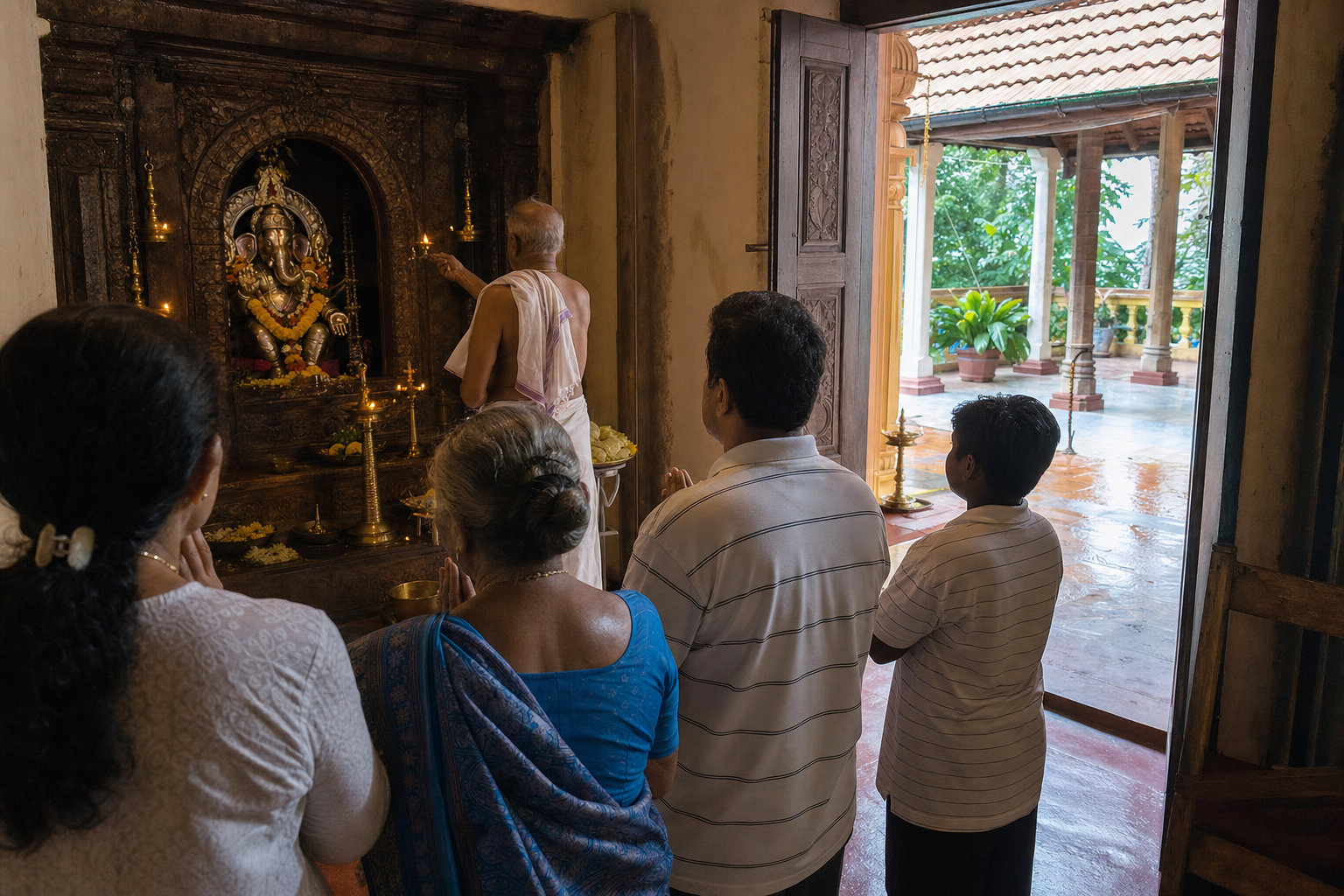 Anonymous devotees and a priest worship before a flower-decorated Ganapati sanctuary illuminated by oil lamps inside a Goan temple.