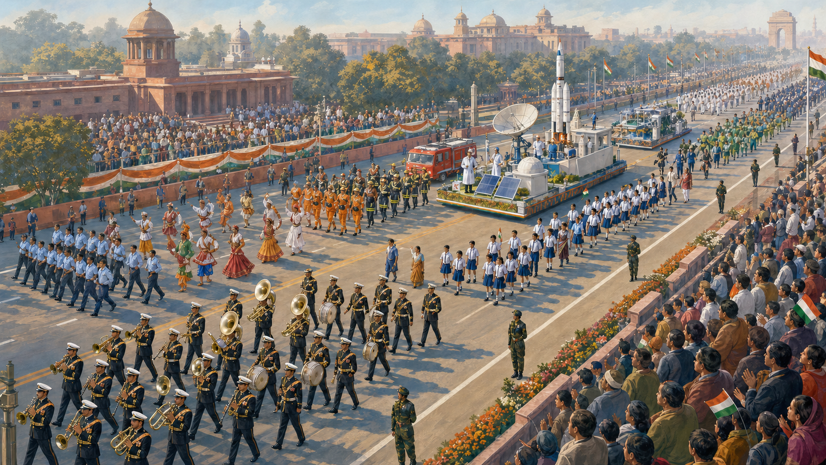 Marchers, musicians, folk artists, public-service personnel, schoolchildren, and a science display move along a ceremonial avenue.