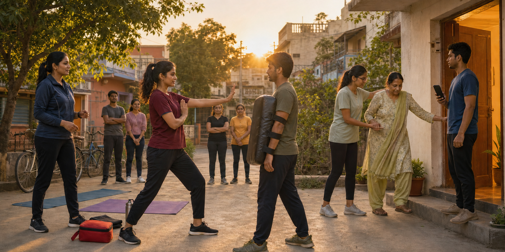 Young adults practise distancing, calling for help, and assisting an older resident during a supervised self-defense session in a Durg neighbourhood courtyard.