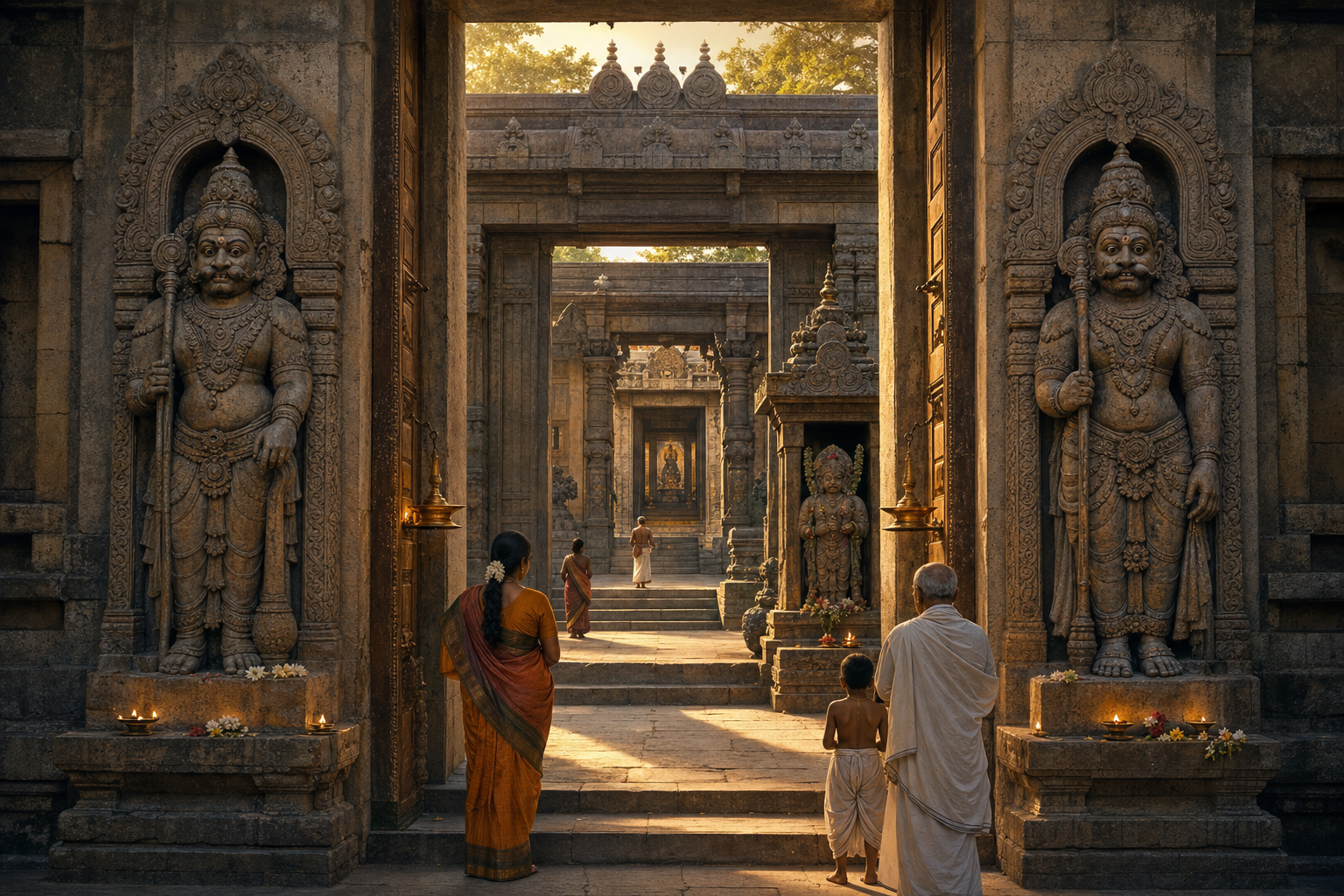Guardian figures flank the outer gate of a Hindu temple while worshippers pause before entering the inner courtyard and distant sanctum.