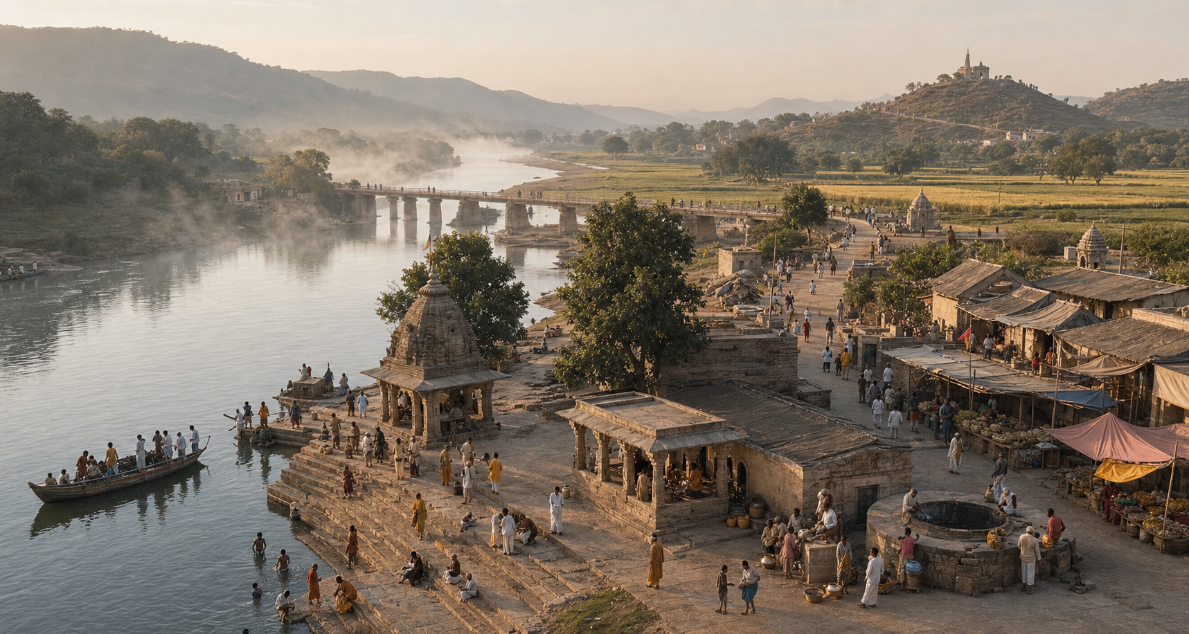 Pilgrims, residents, traders, and porters move between a river ghat, shrine, rest house, well, market, ferry, bridge, and distant hill paths at sunrise.