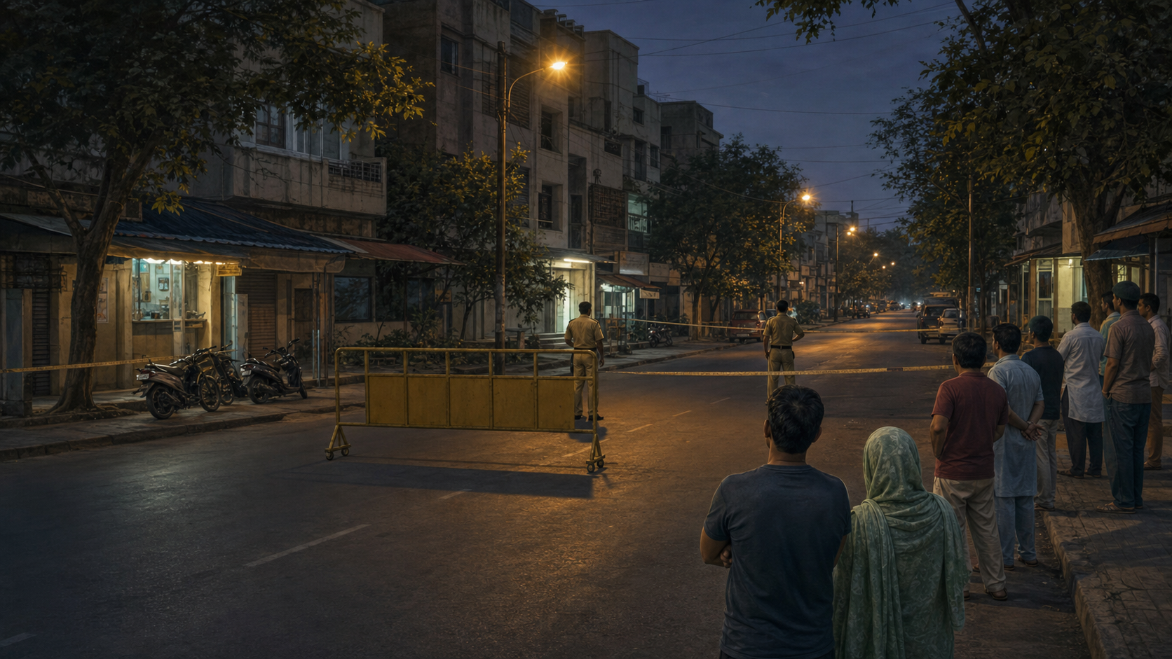 Police officers secure a quiet Nagpur neighborhood street while concerned residents stand at a distance in the evening.