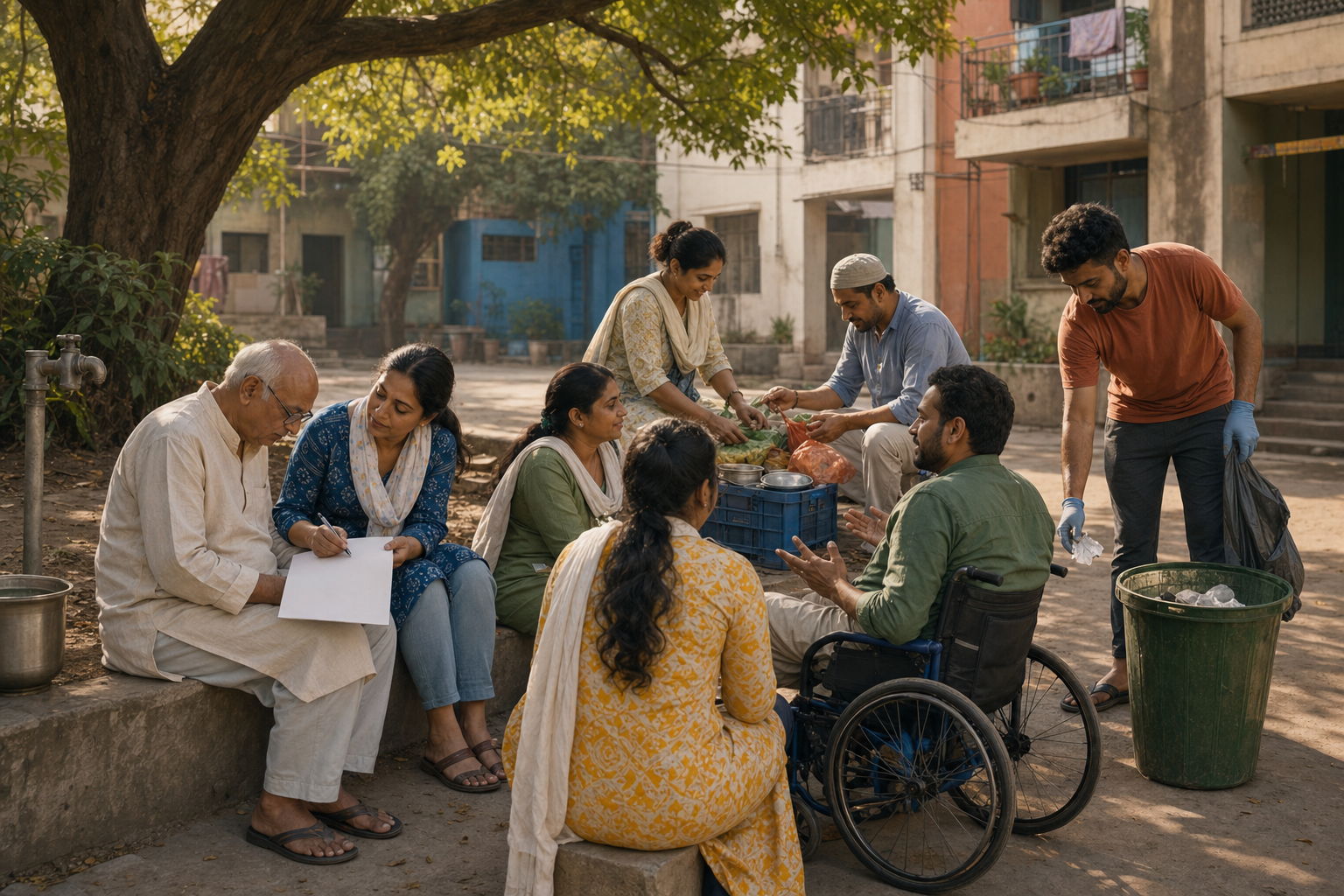 Neighbors in an Indian courtyard help an older resident, prepare community supplies, clean a shared space, and hold a local discussion.