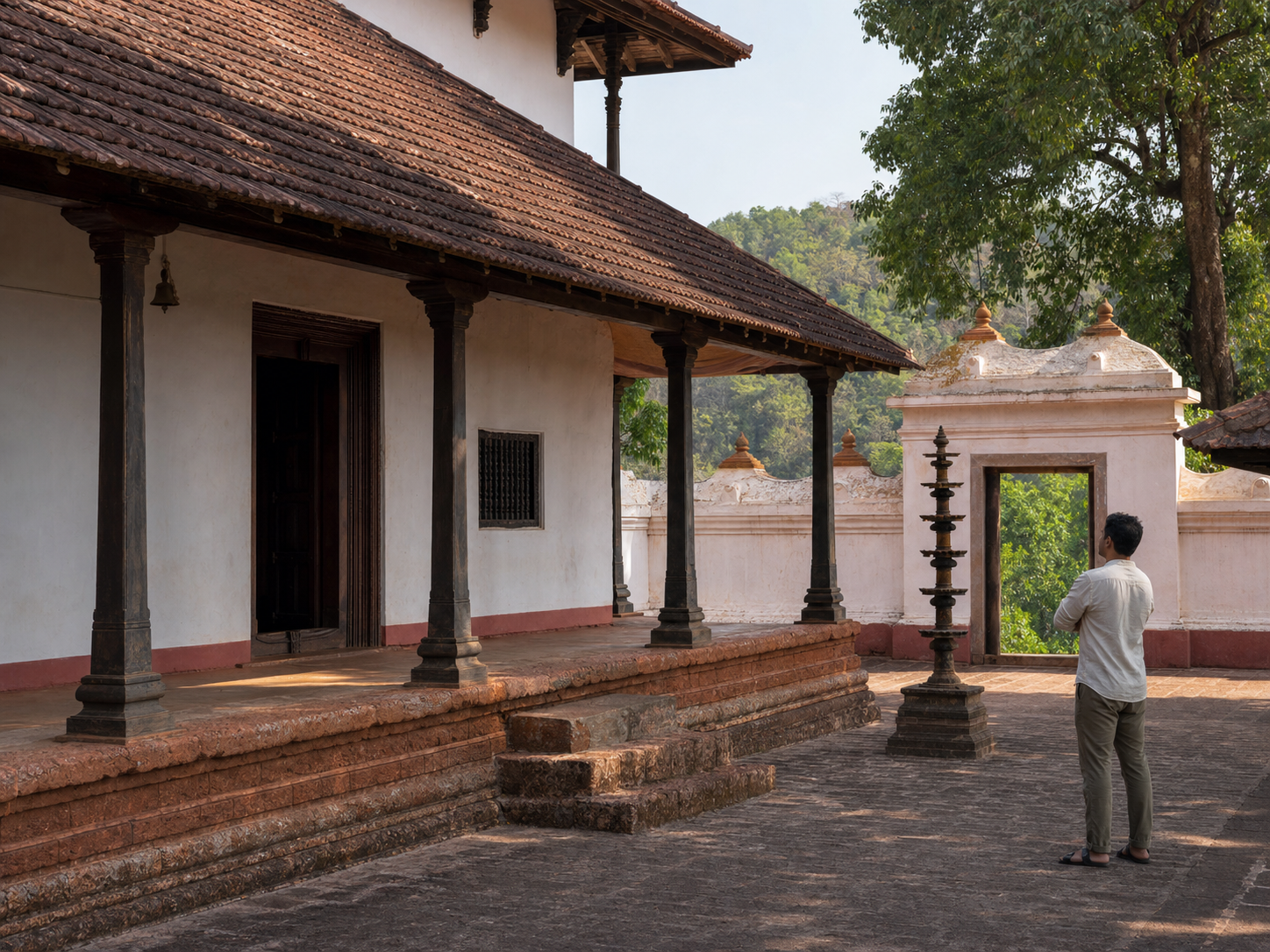 A visitor observes laterite masonry, plastered walls, tiled roofs, a courtyard lamp element, and surrounding trees in an active inland Goan temple precinct.