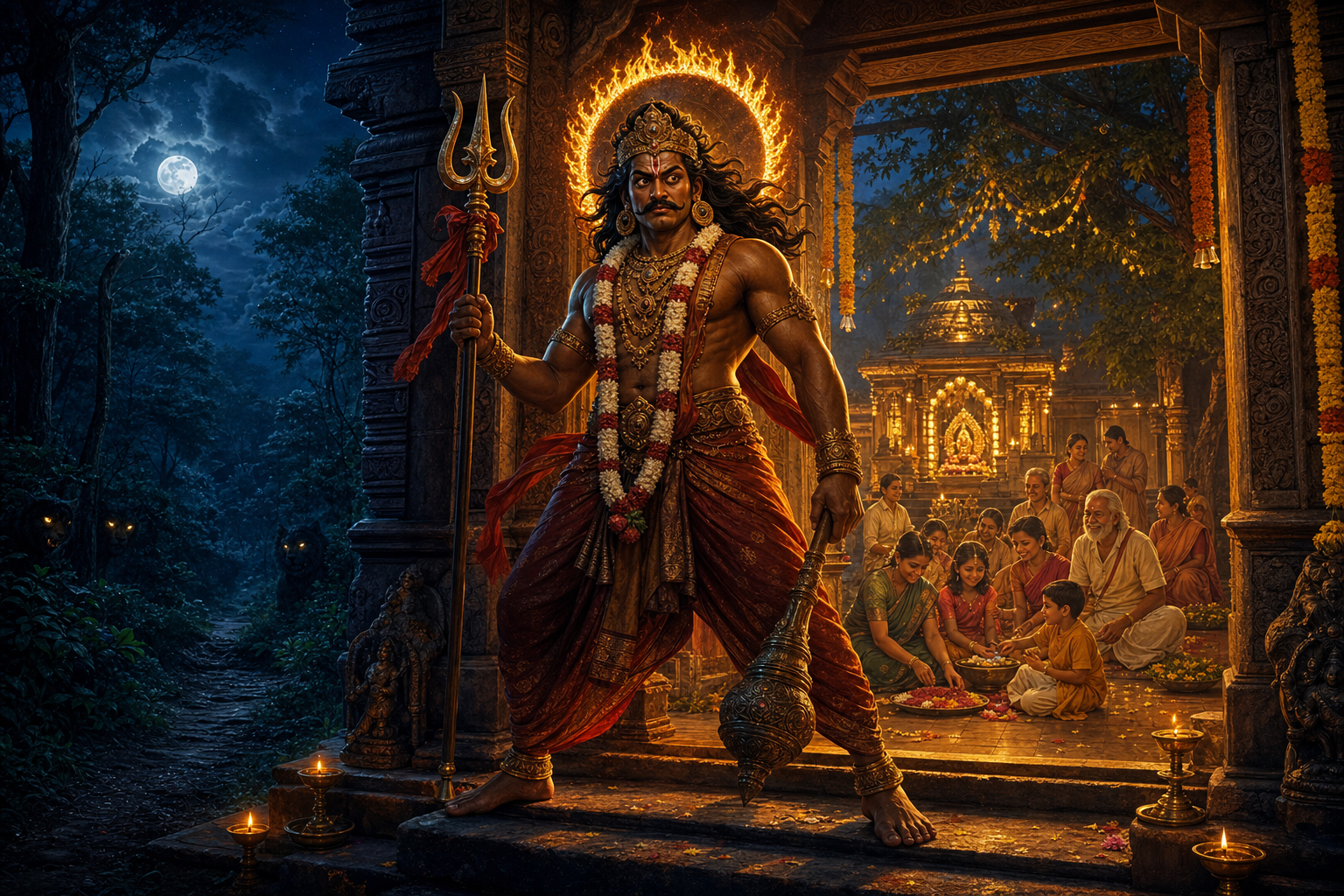 A fierce guardian figure faces a dark forest path while warm lamplight surrounds families and a peaceful shrine courtyard behind it.