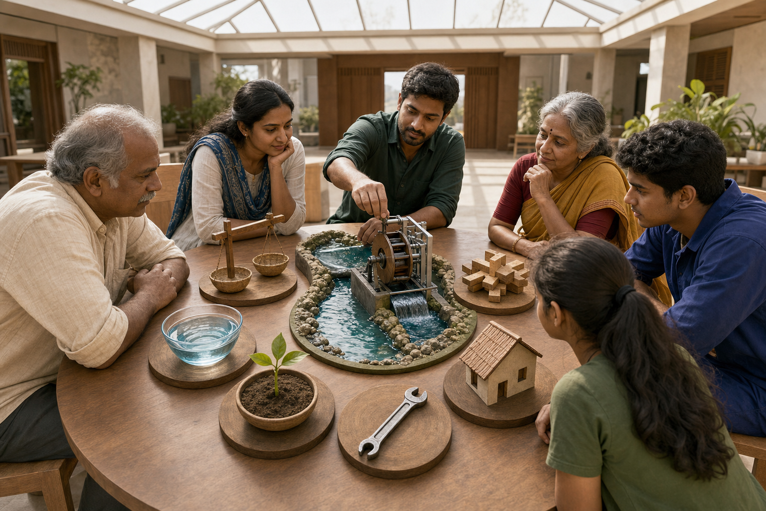 Six people sit around a table evaluating a small river-energy model surrounded by water, a seedling, a tool, a house, wooden pieces, and a balance.