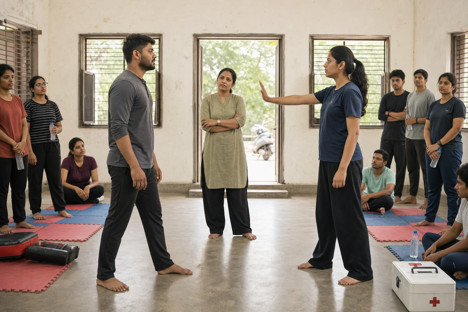 Two young adults rehearse a calm boundary and safe withdrawal under an instructor's supervision in a community training hall.