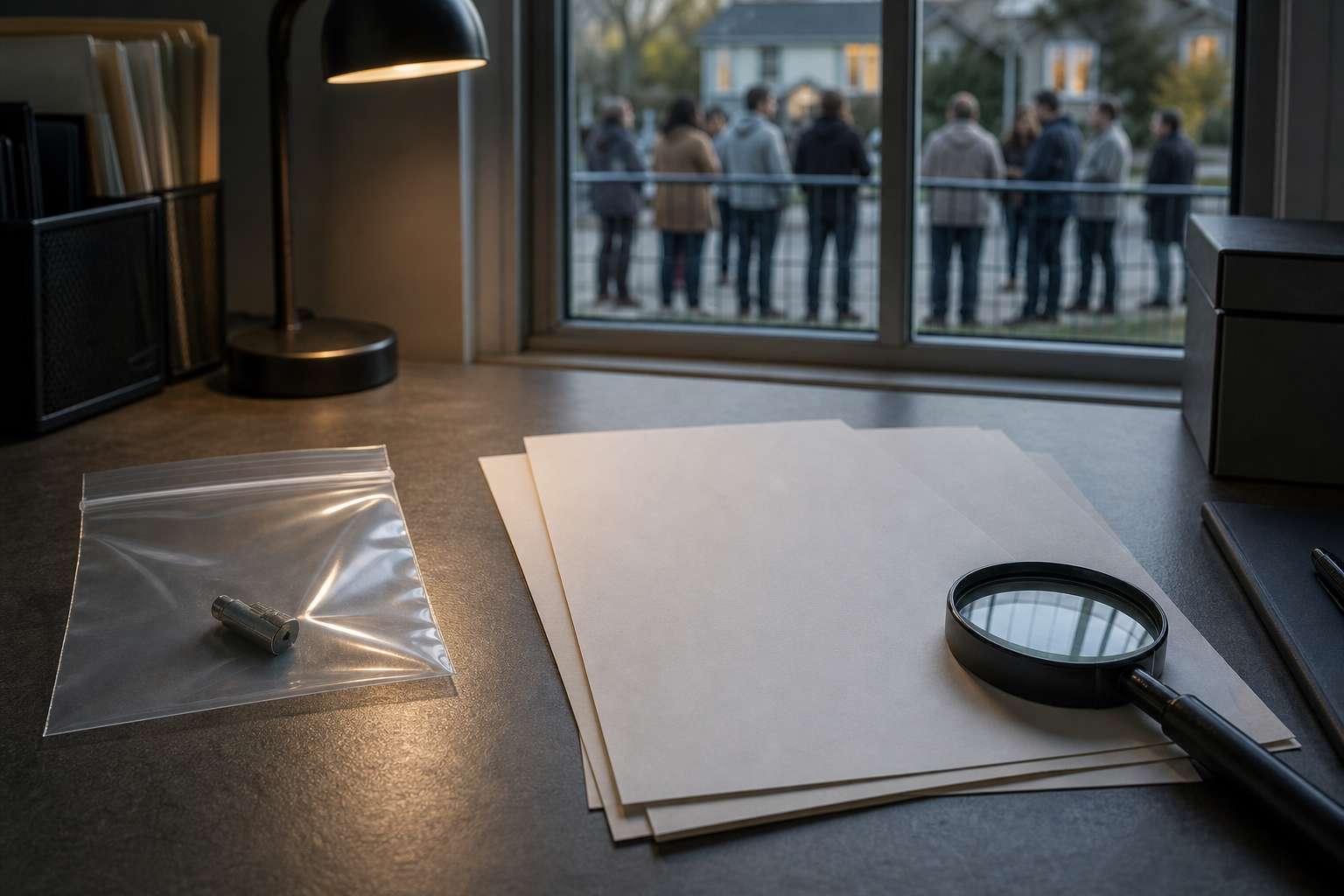 An investigation desk separates a sealed evidence pouch, a magnifying glass with blank papers, and a distant neighborhood gathering.