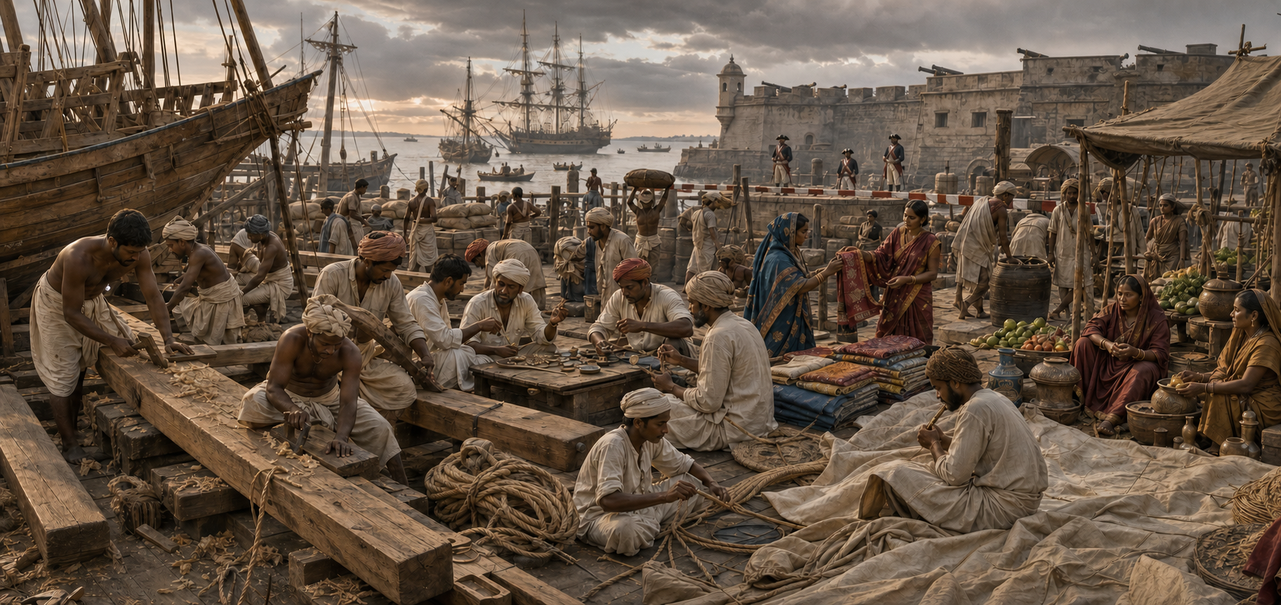 Indian shipwrights, merchants, dockworkers, navigators, artisans, and vendors work in a colonial-era coastal port while a fortified foreign trading compound and sentries stand in the background.
