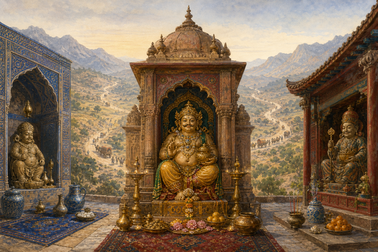 Three separate shrine alcoves show related prosperity-guardian imagery in distinct architectural and devotional settings, with Kubera in the central Indian shrine.
