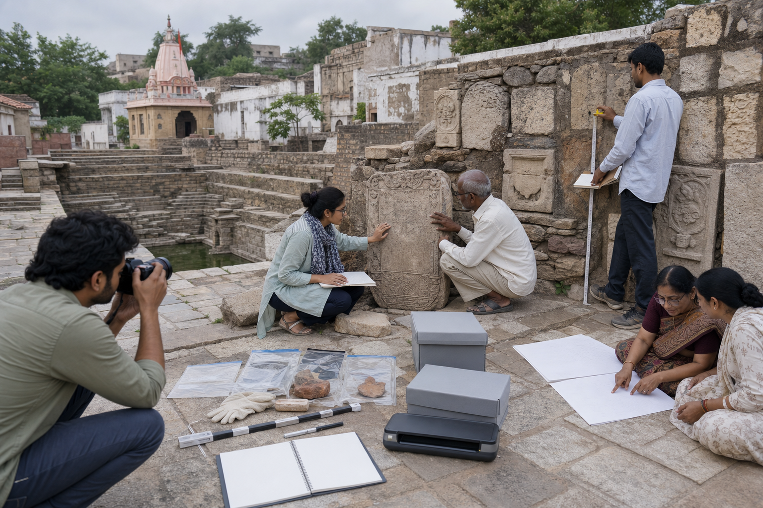 Researchers and local residents photograph and measure a stone inscription near a stepwell while documenting pottery, masonry, waterworks, and oral testimony with archival tools.