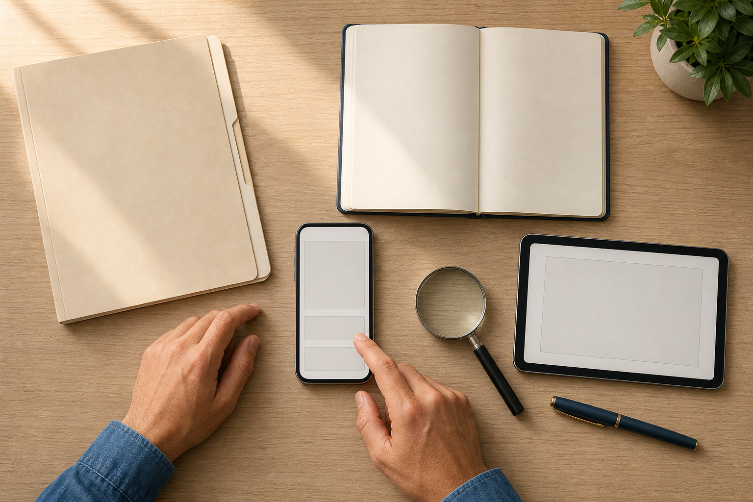 Hands pause over a smartphone while blank source documents and a second device are arranged for verification on a desk.