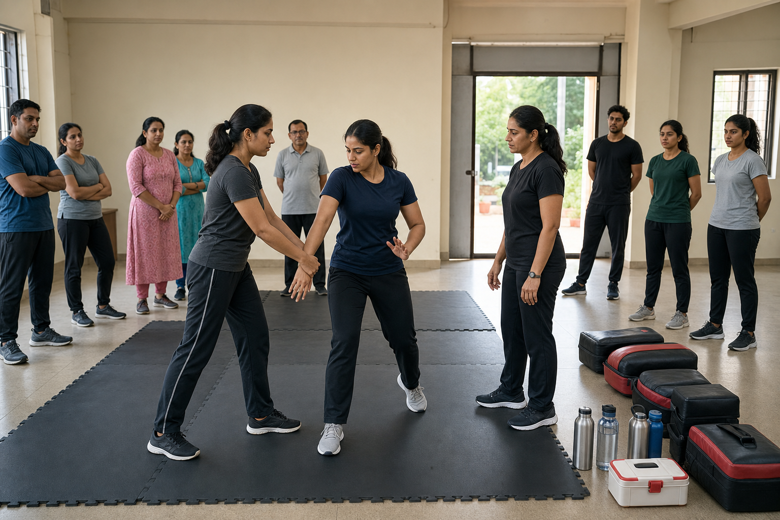 Young adults and guardians observe a supervised self-defense drill in a community centre equipped with mats, protective pads, water, and first aid.