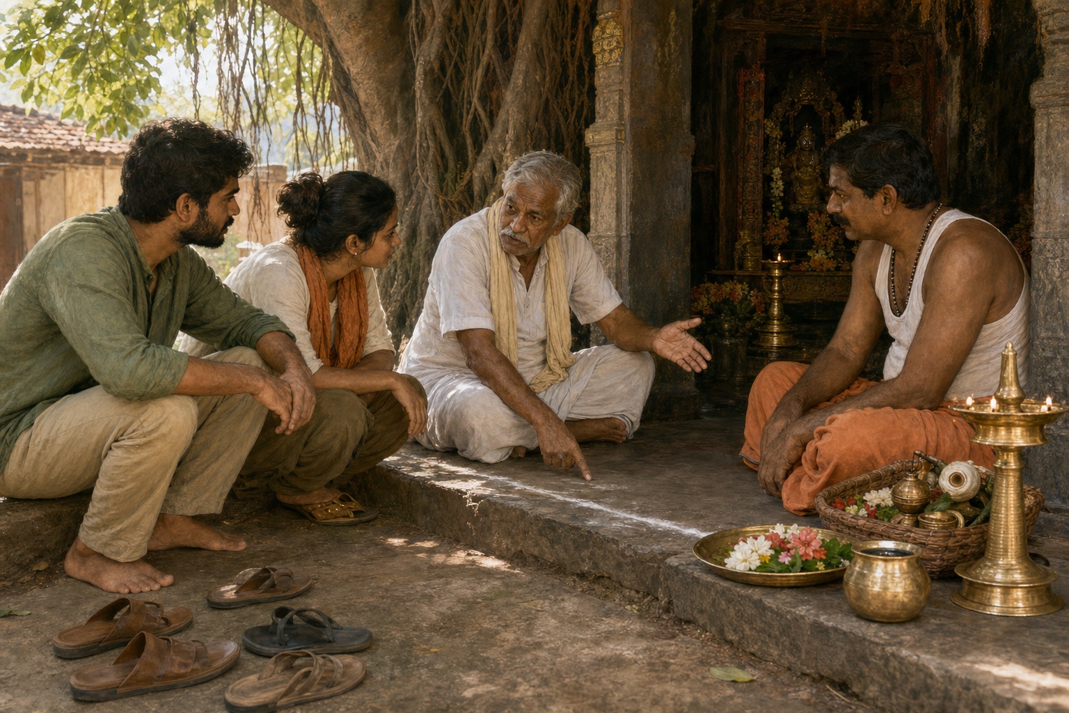 A family listens to an elder and temple caretaker beside a village guardian shrine before entering the sacred area.
