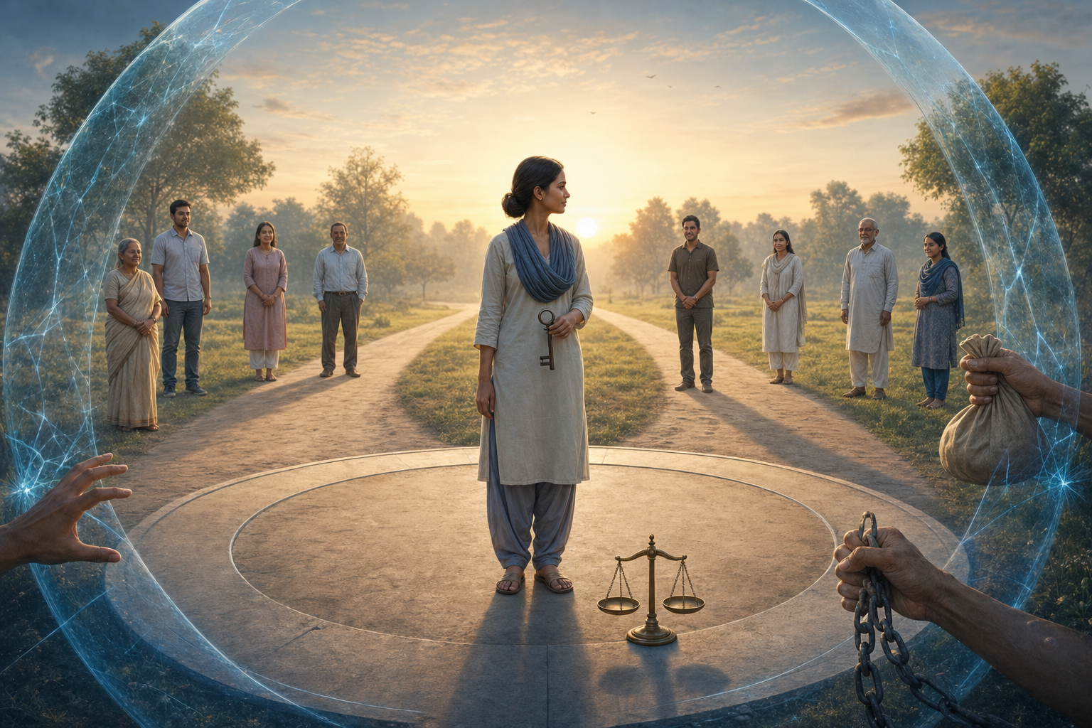 An adult holding a key chooses between two open paths while a transparent boundary blocks symbols of coercion and a small balanced scale rests nearby.