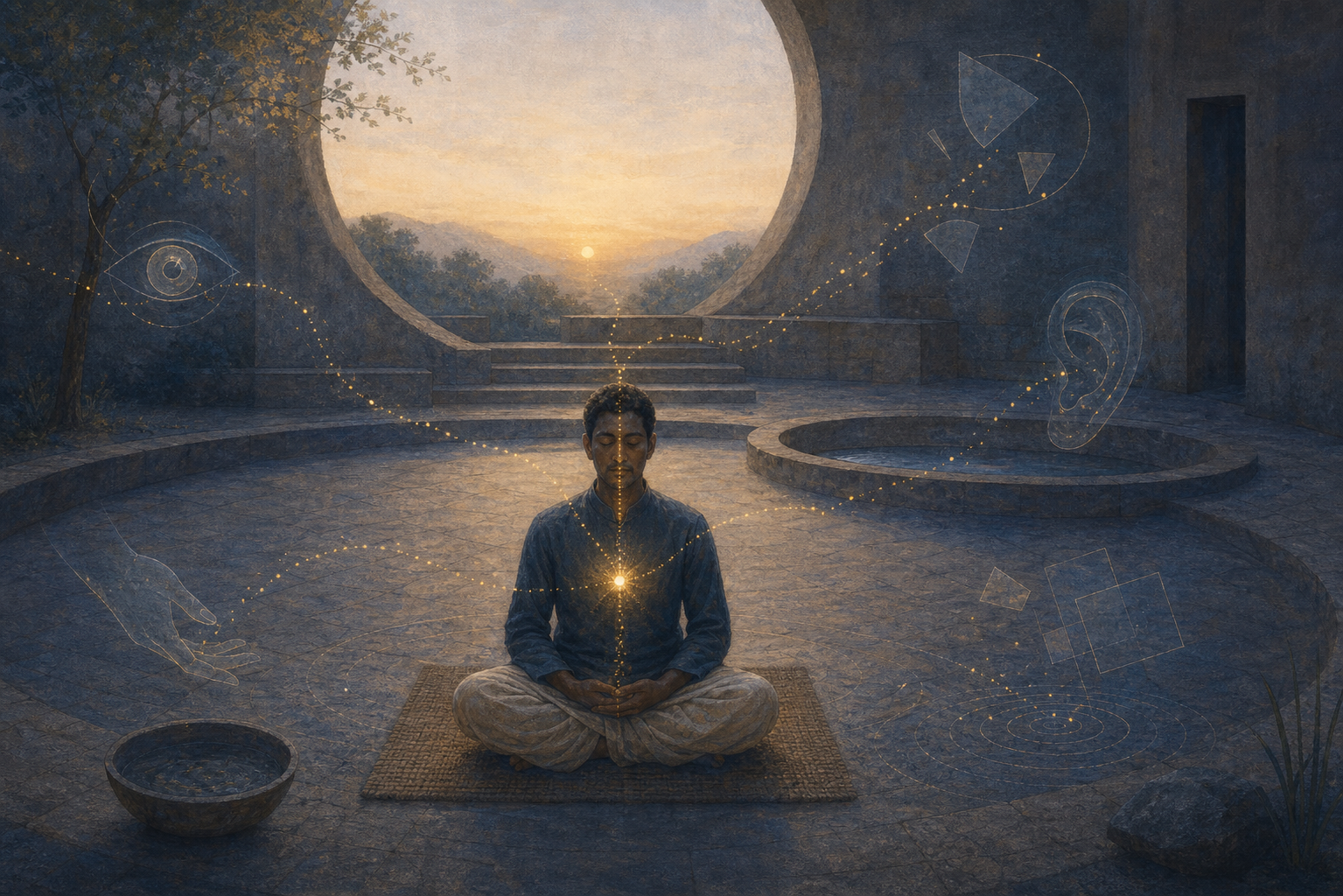 A seated practitioner is surrounded by faint sensory motifs as golden strands gather into a central current around a steady light at the chest.