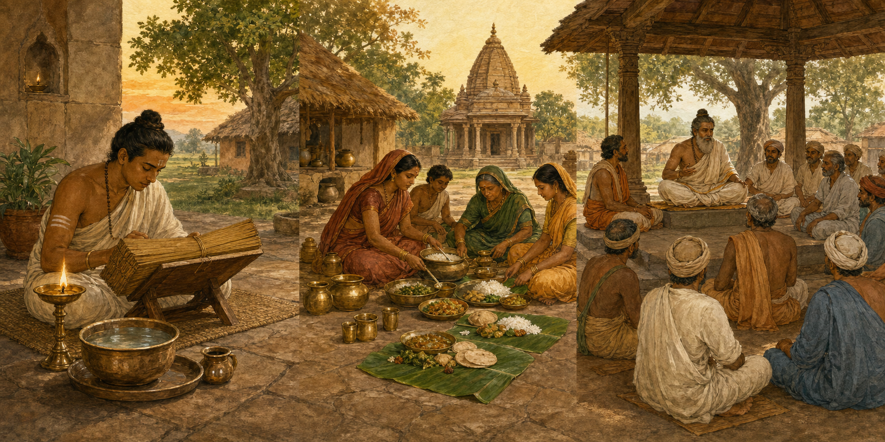 Villagers beneath a tree return a pouch, measure grain evenly, and offer water to a traveler.