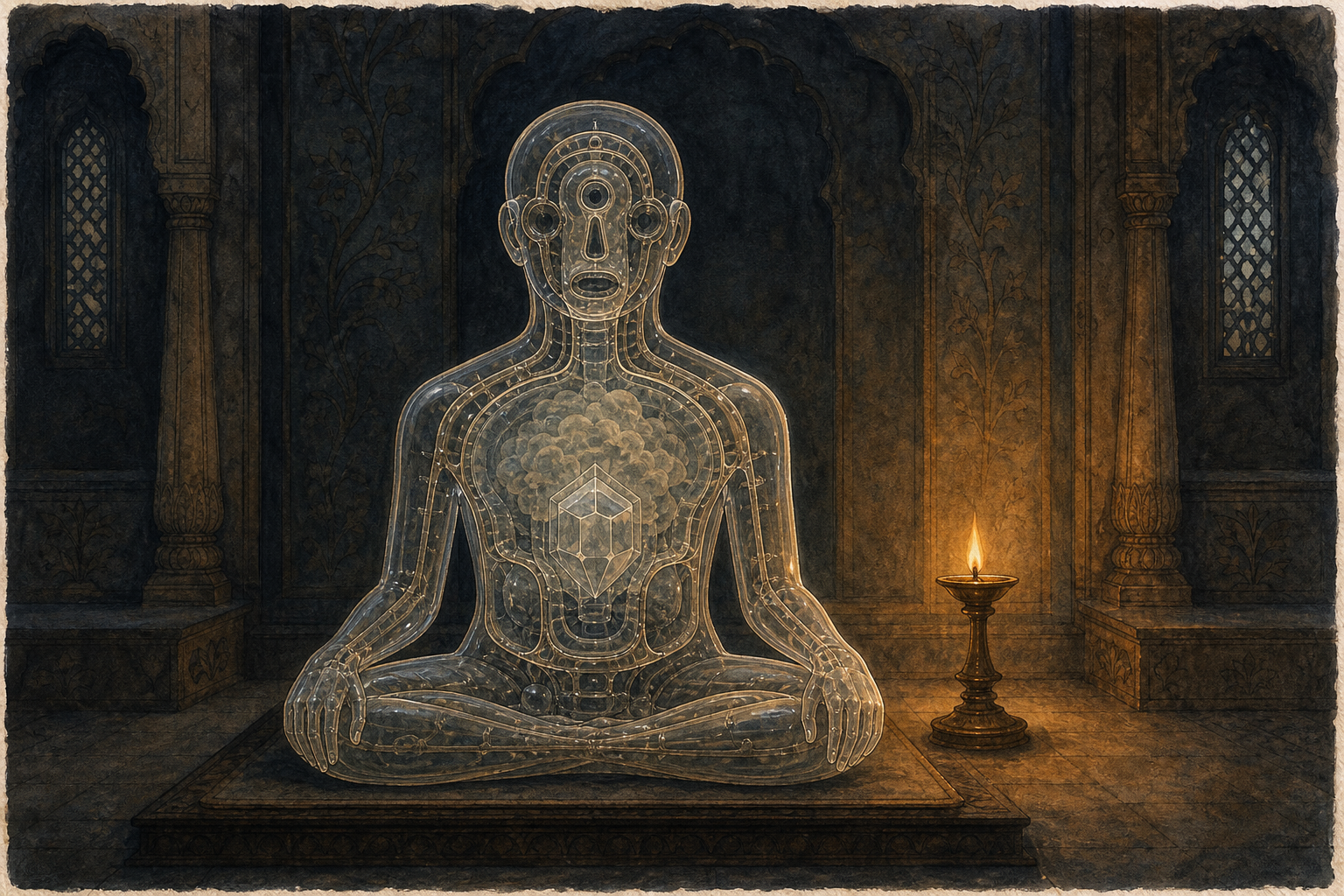 A meditator holds prayer beads while symbolic streams of sensory activity circle a dim center that is touched by a ray of light.
