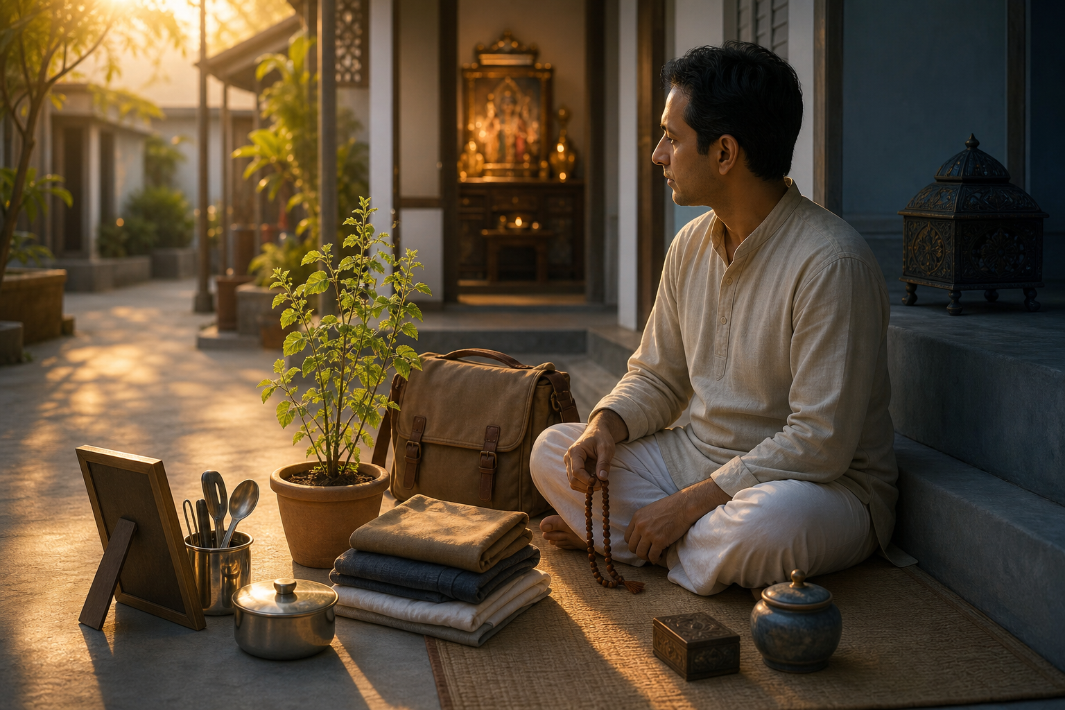 A devotee with prayer beads sits beside a tulasi plant among work, household, and personal objects in a dawn-lit courtyard.