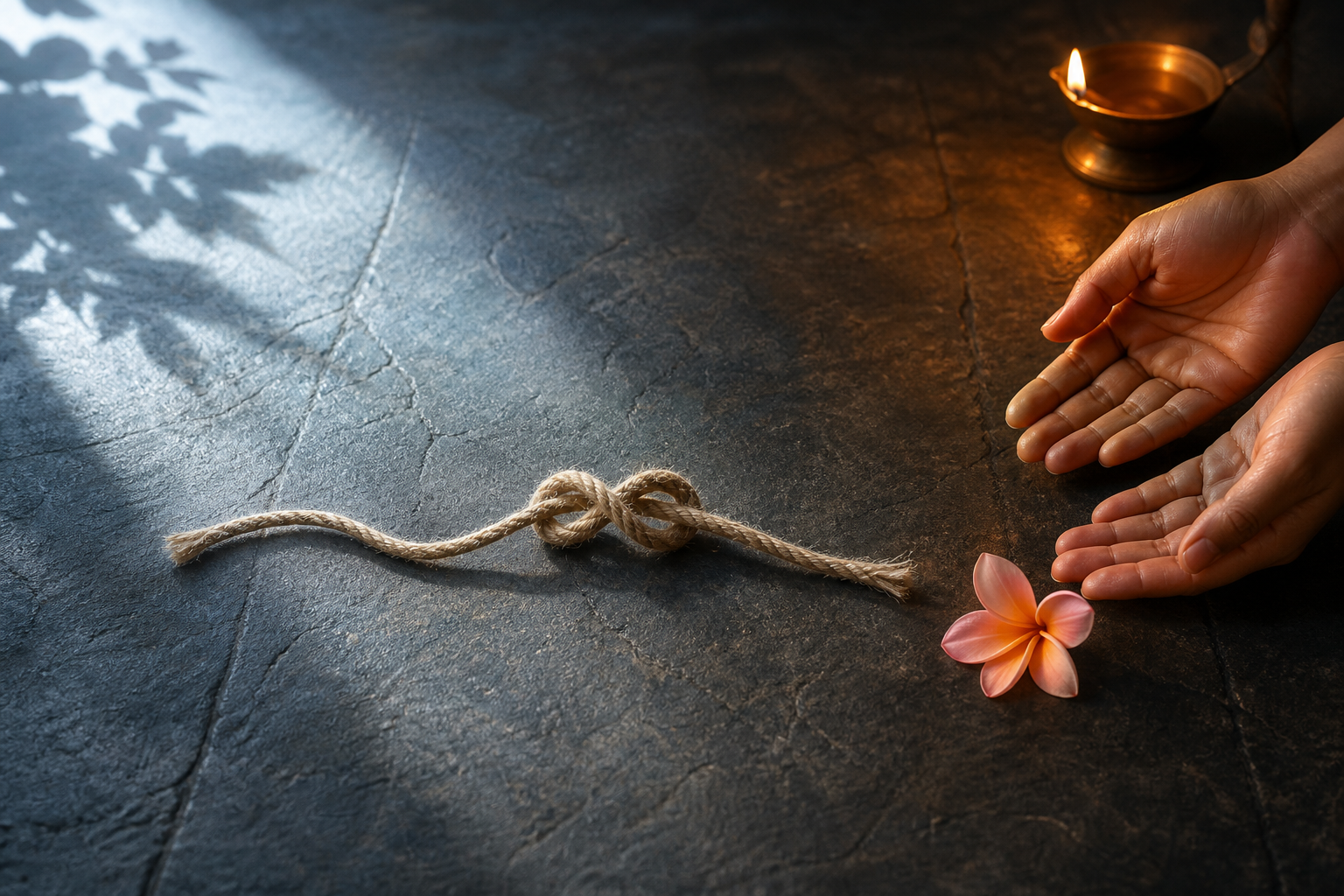 A loose cord rests between cool daylight and warm lamplight, with open hands releasing one end beside an offered flower.