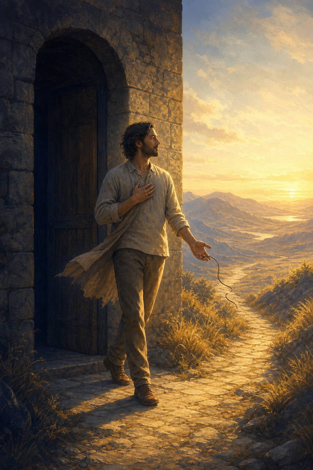 An adult steps from a shadowed stone doorway onto a sunlit mountain path while a loose cord falls from an open hand.