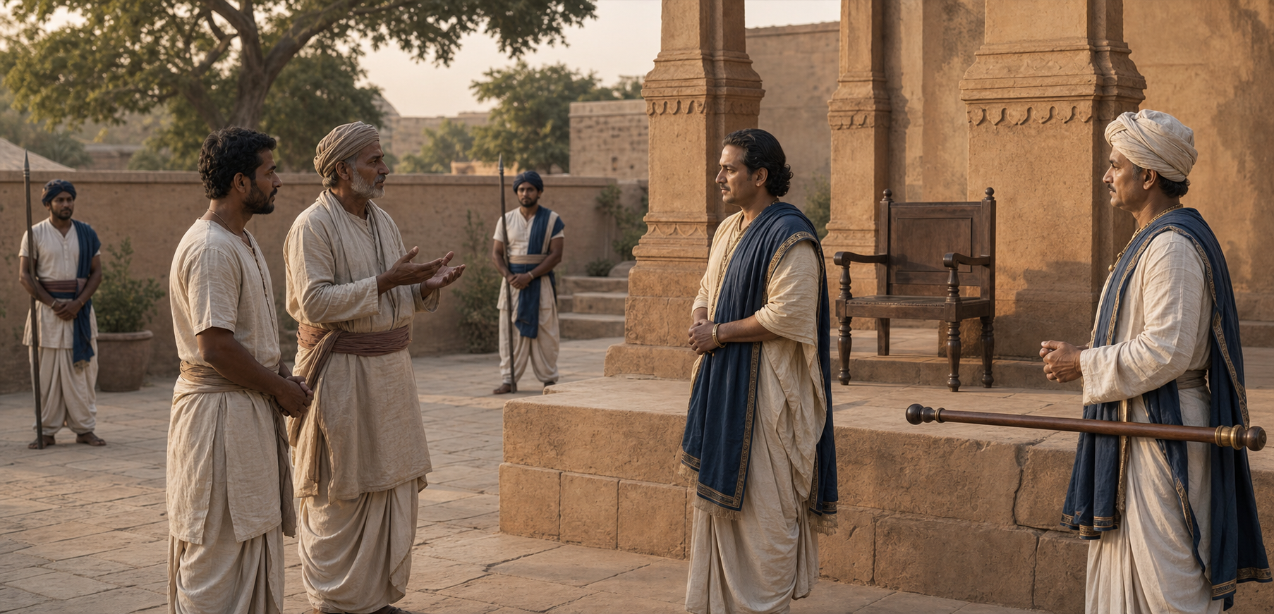 A local leader listens at eye level to two petitioners while an adviser keeps a ceremonial staff lowered in a public courtyard.