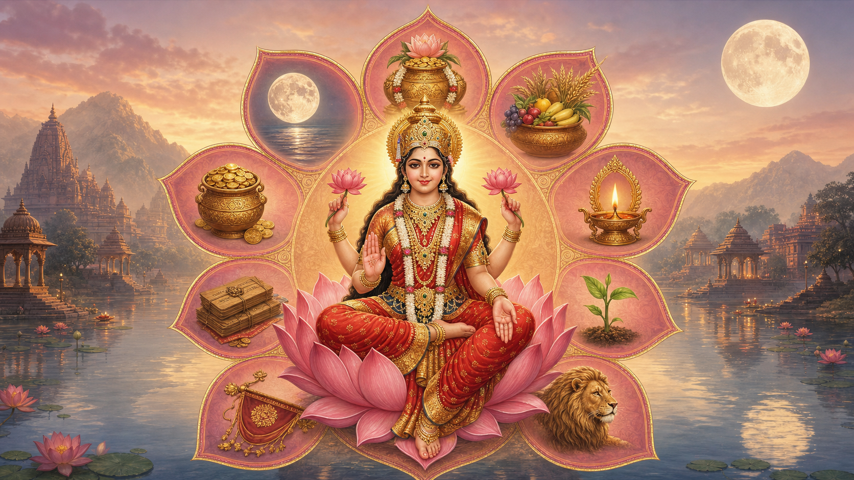 Goddess Lakshmi sits on a pink lotus, surrounded by nine lotus petals containing symbols of material, intellectual, protective and spiritual flourishing.