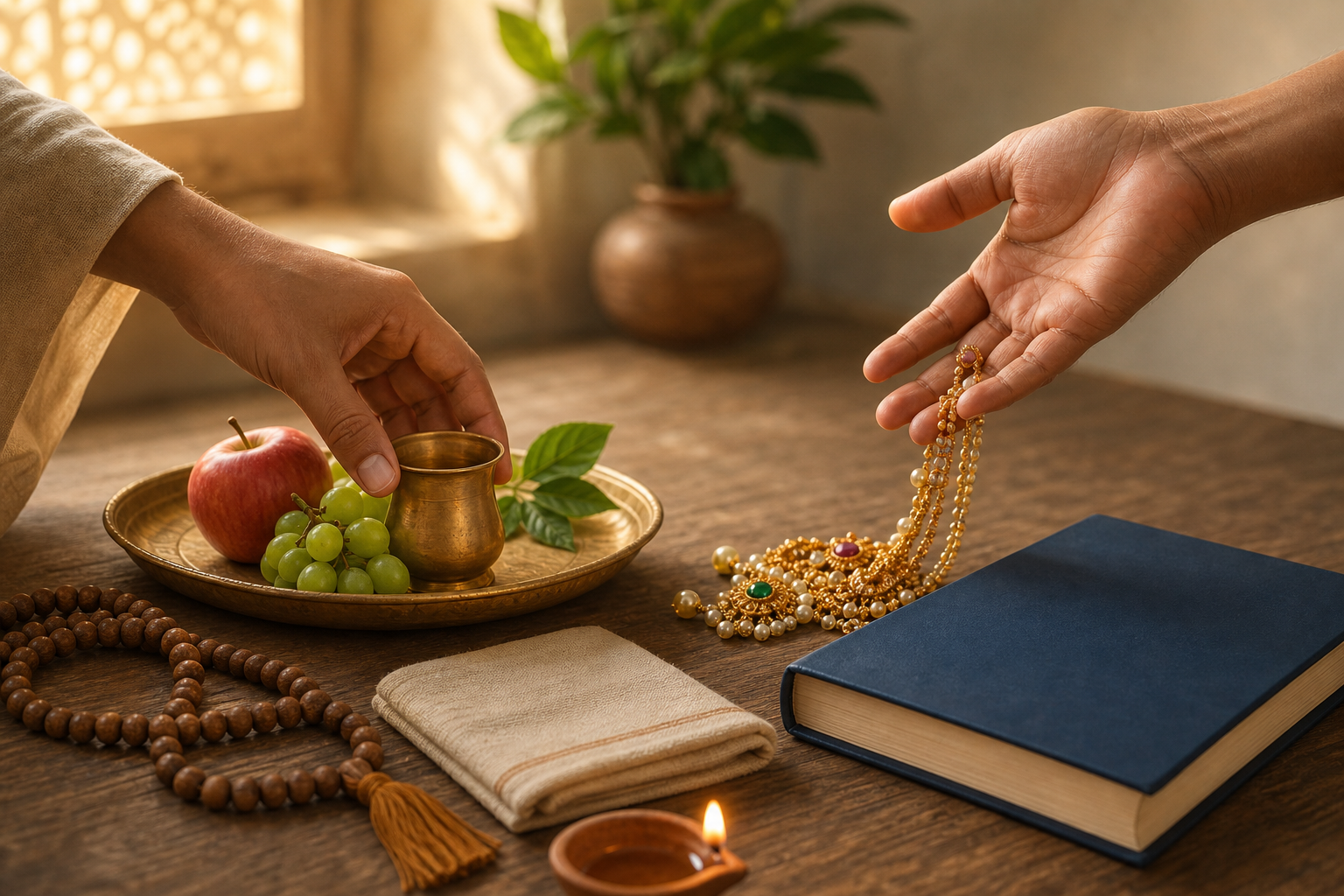 Hands place fruit on an offering tray and loosen their hold on ornaments beside prayer beads, a lamp, and a blank-covered book.