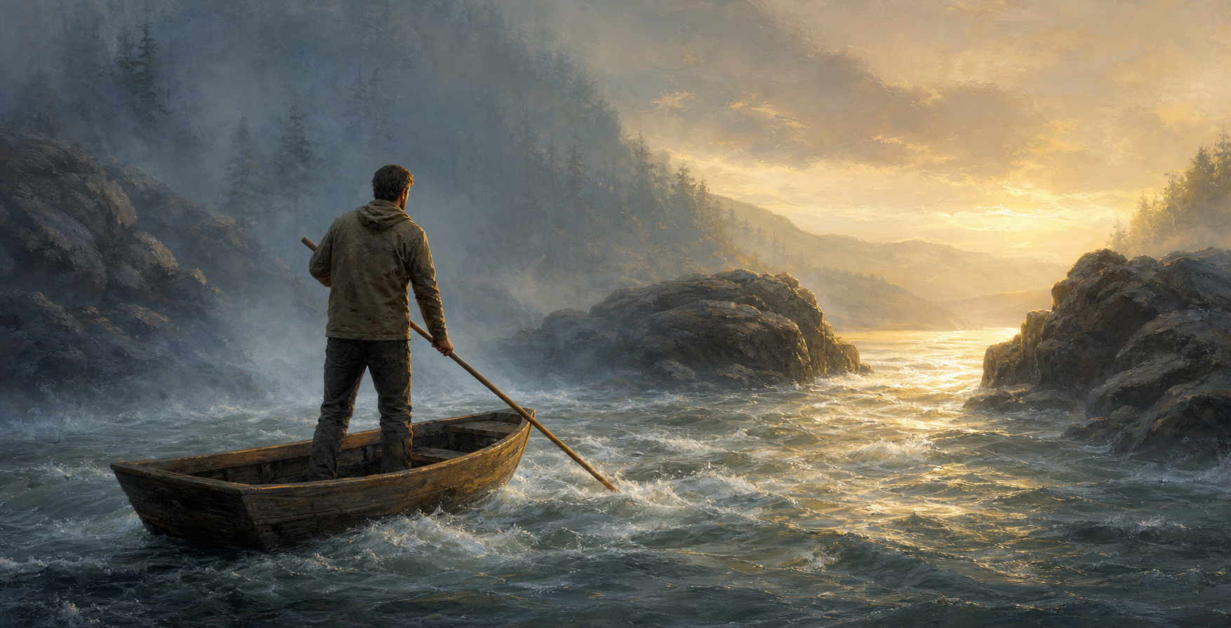 An adult calmly guides a small wooden boat through a flowing river instead of struggling against the current.