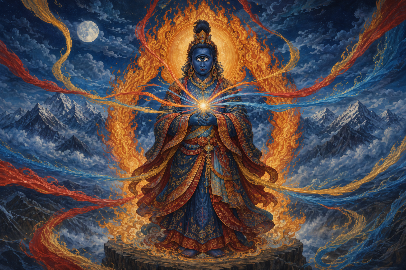 A dark-blue one-eyed protector with a single topknot gathers swirling colored streams of energy into a bright point near her heart.