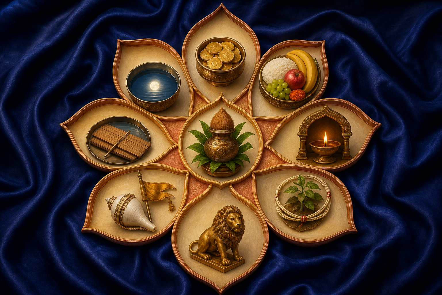 A nine-petaled lotus arrangement displays symbolic objects including coins, grain, a lamp, a sapling, a lion, manuscripts, moonlit water and an auspicious vessel.