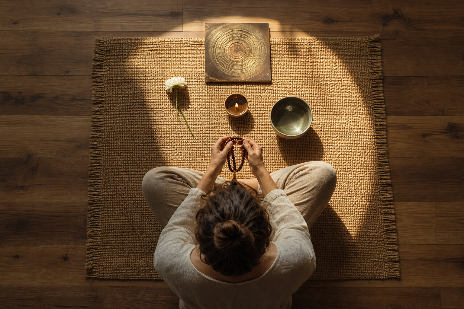 A practitioner with prayer beads sits before a small lamp, water bowl, flower, and simple sacred focus in a sunlit home practice space.