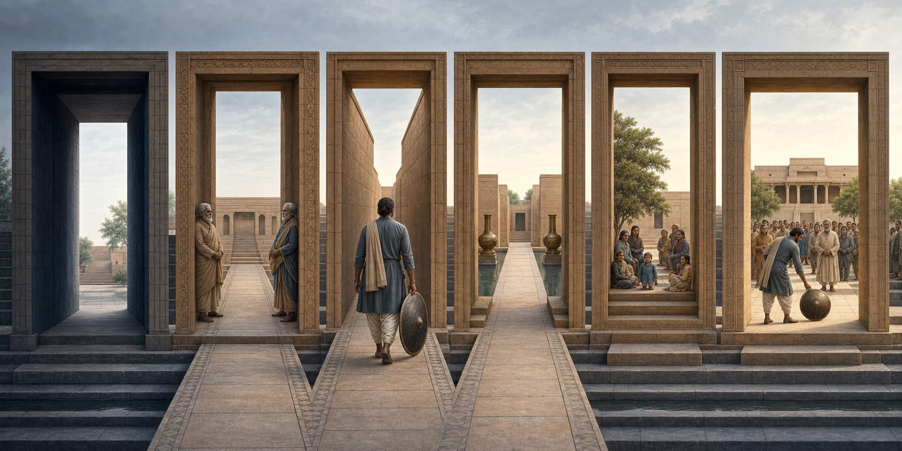 A shield-bearing protector walks through six unmarked stone gateways that lead toward elders, sheltered families, and an open community courtyard.