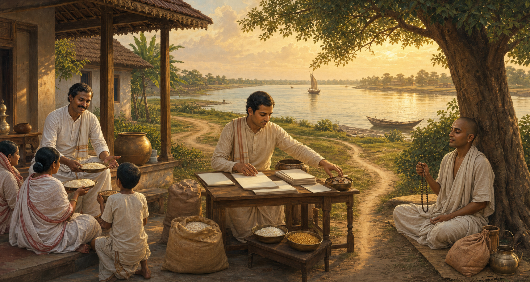 A householder serves food, an administrator directs resources toward community needs, and a traveling renunciant chants beside a river.