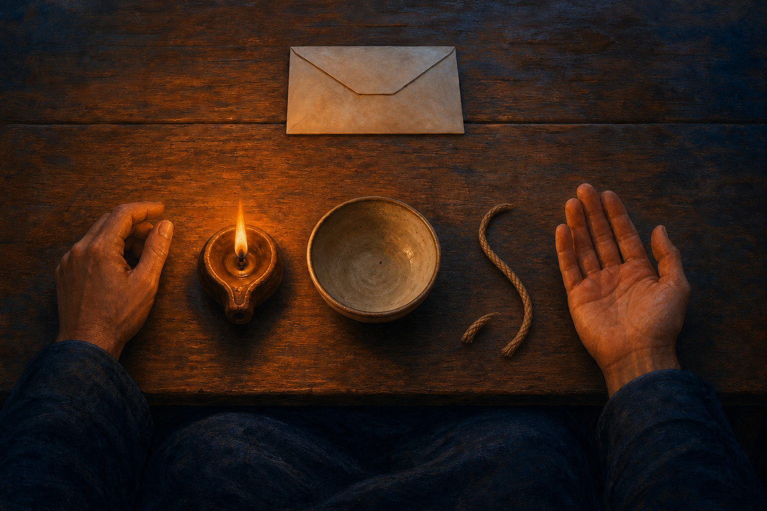A person's hands rest beside a lit oil lamp, a bowl, an untied cord, and a sealed envelope on a wooden table.