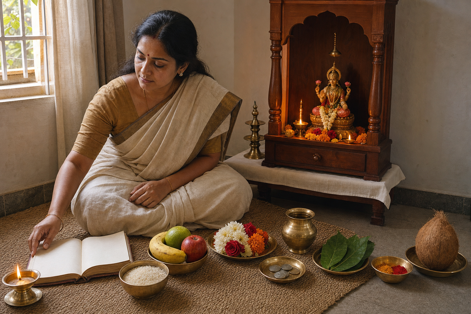 A woman reflects before a home shrine to Lakshmi and reaches toward a manuscript and lamp among nine simple offerings.