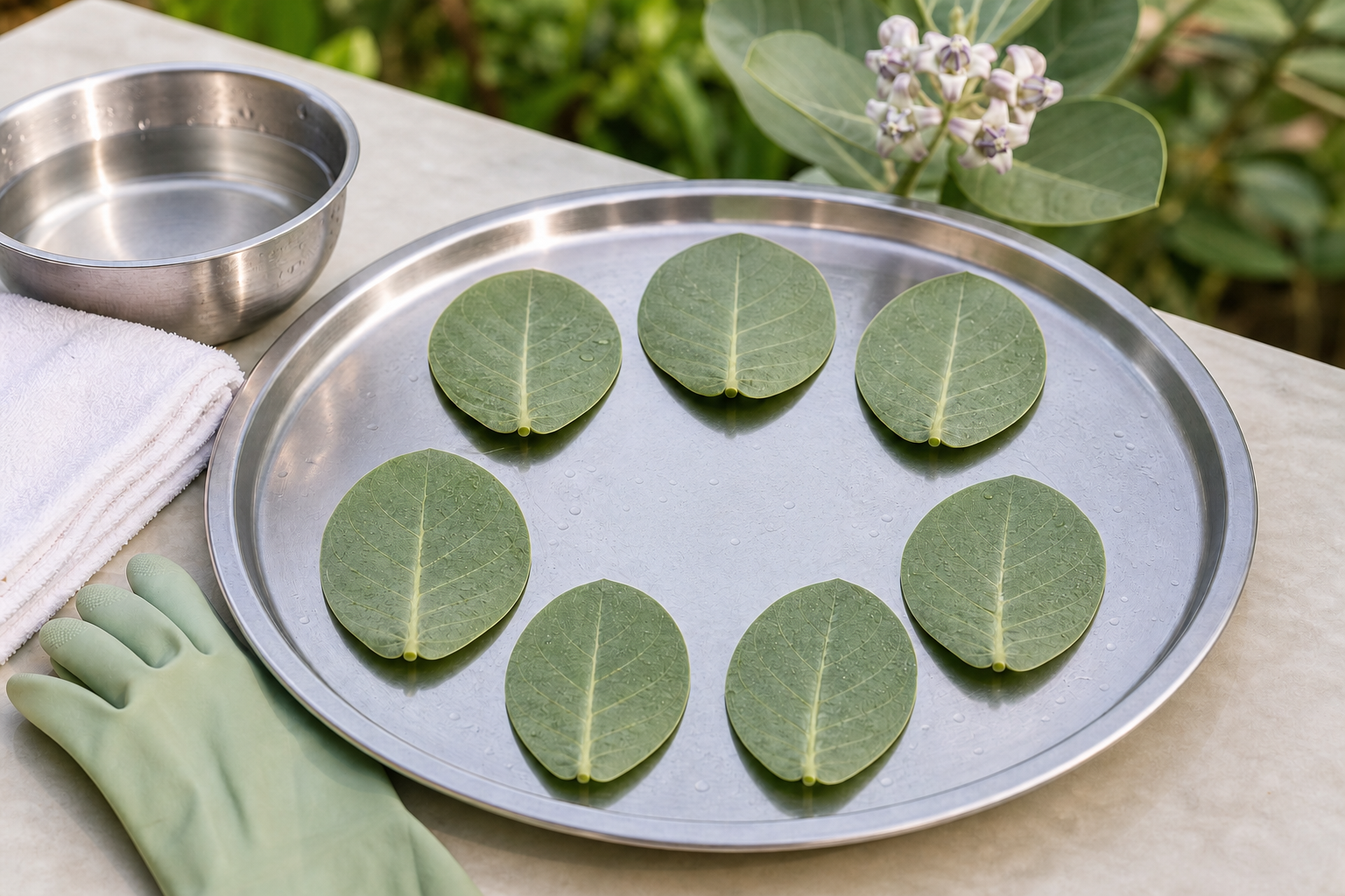 Seven rinsed erukkai leaves on a clean tray beside water, a cotton towel, gloves, and a flowering Calotropis plant.