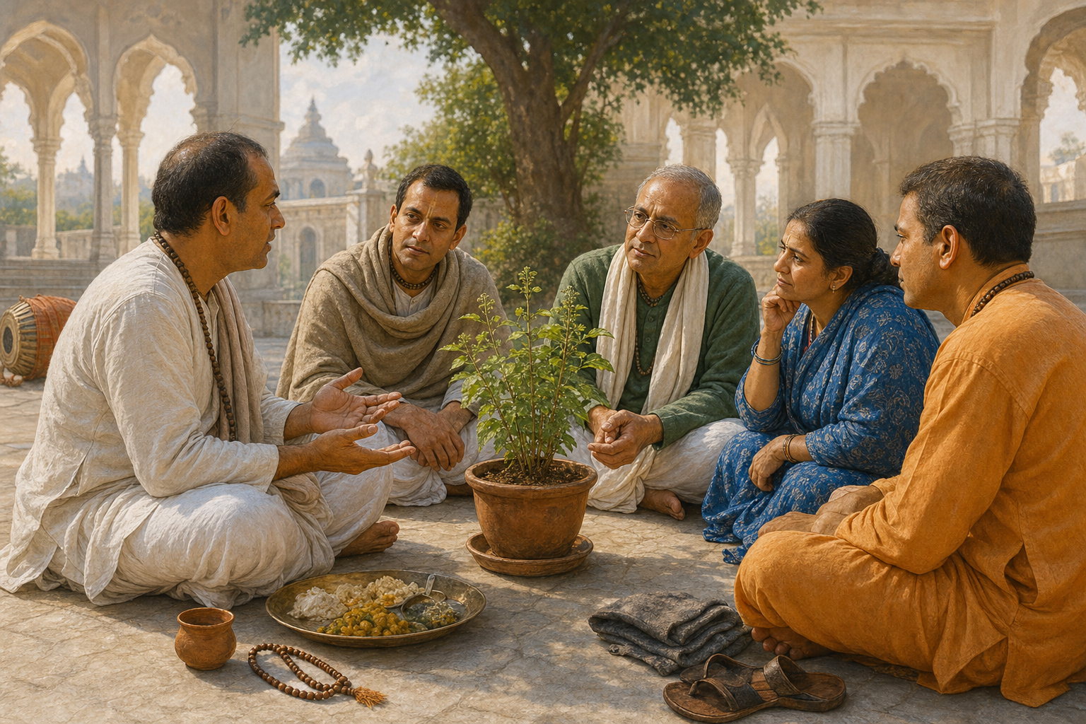 A small group of devotees sits in a temple courtyard, listening and speaking together beside a tulasi plant.