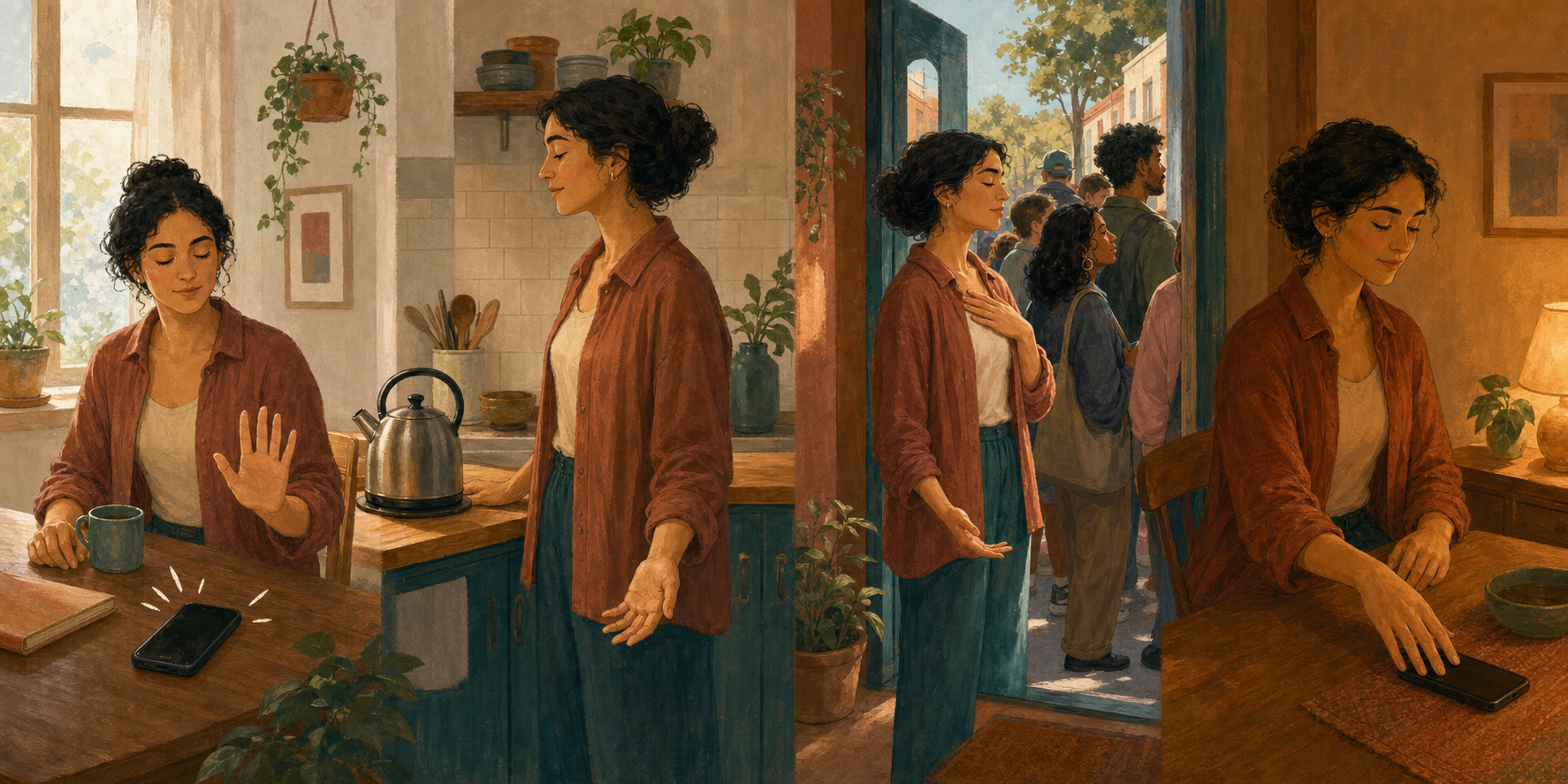 One adult pauses calmly while answering a phone, waiting by a kettle, entering a busy doorway, and setting down a device.