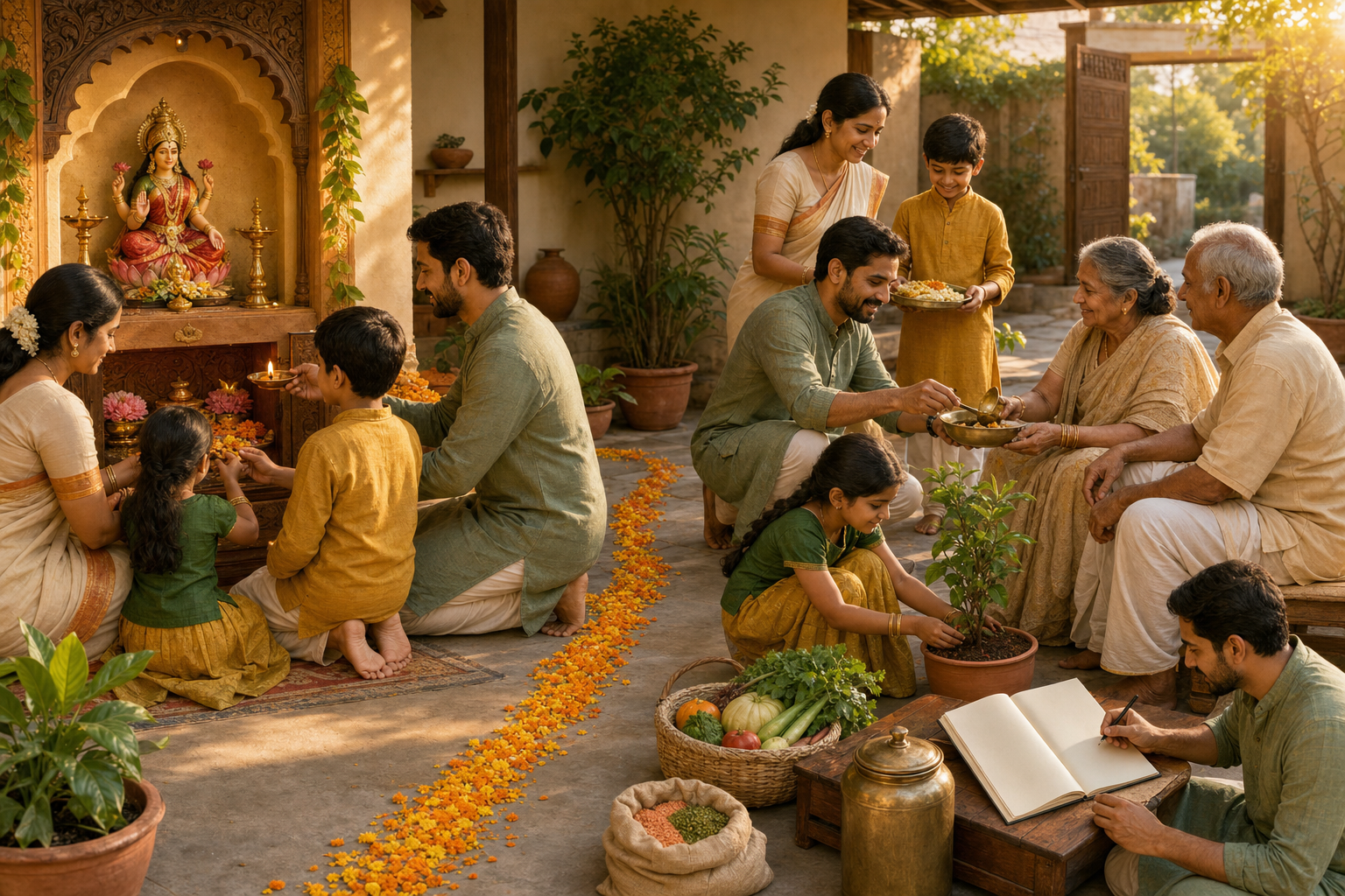 A family worships at a Lakshmi shrine and then shares food, cares for a plant and manages household provisions in the same courtyard.