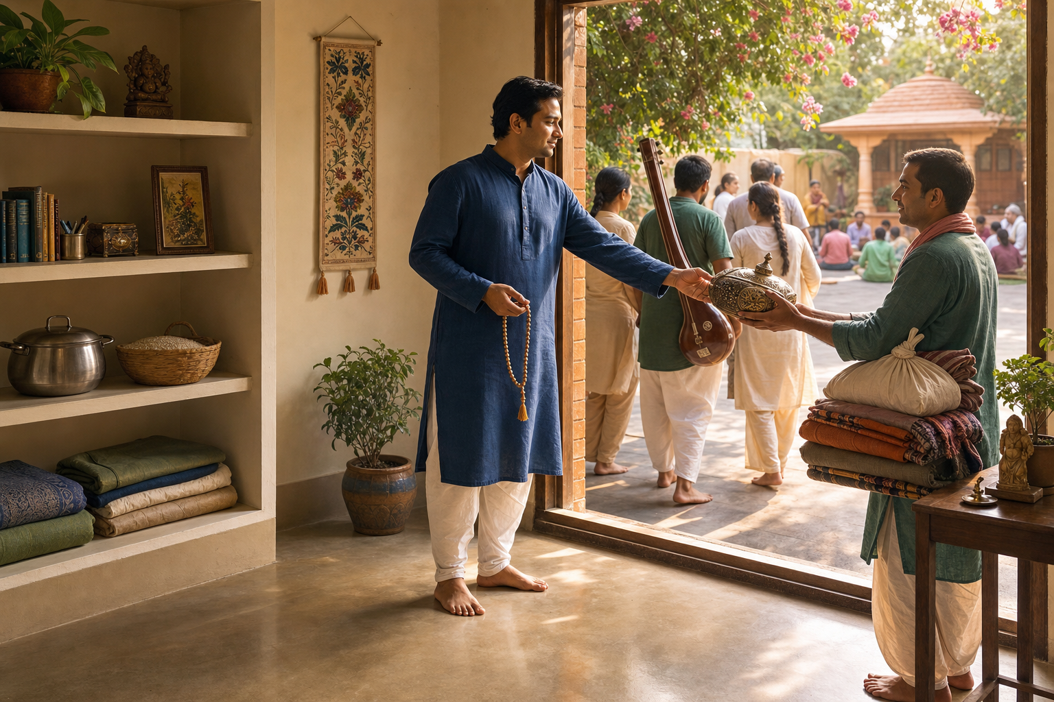 A devotee keeps useful household tools, sends supplies toward a communal gathering, and gives away unused luxury items.