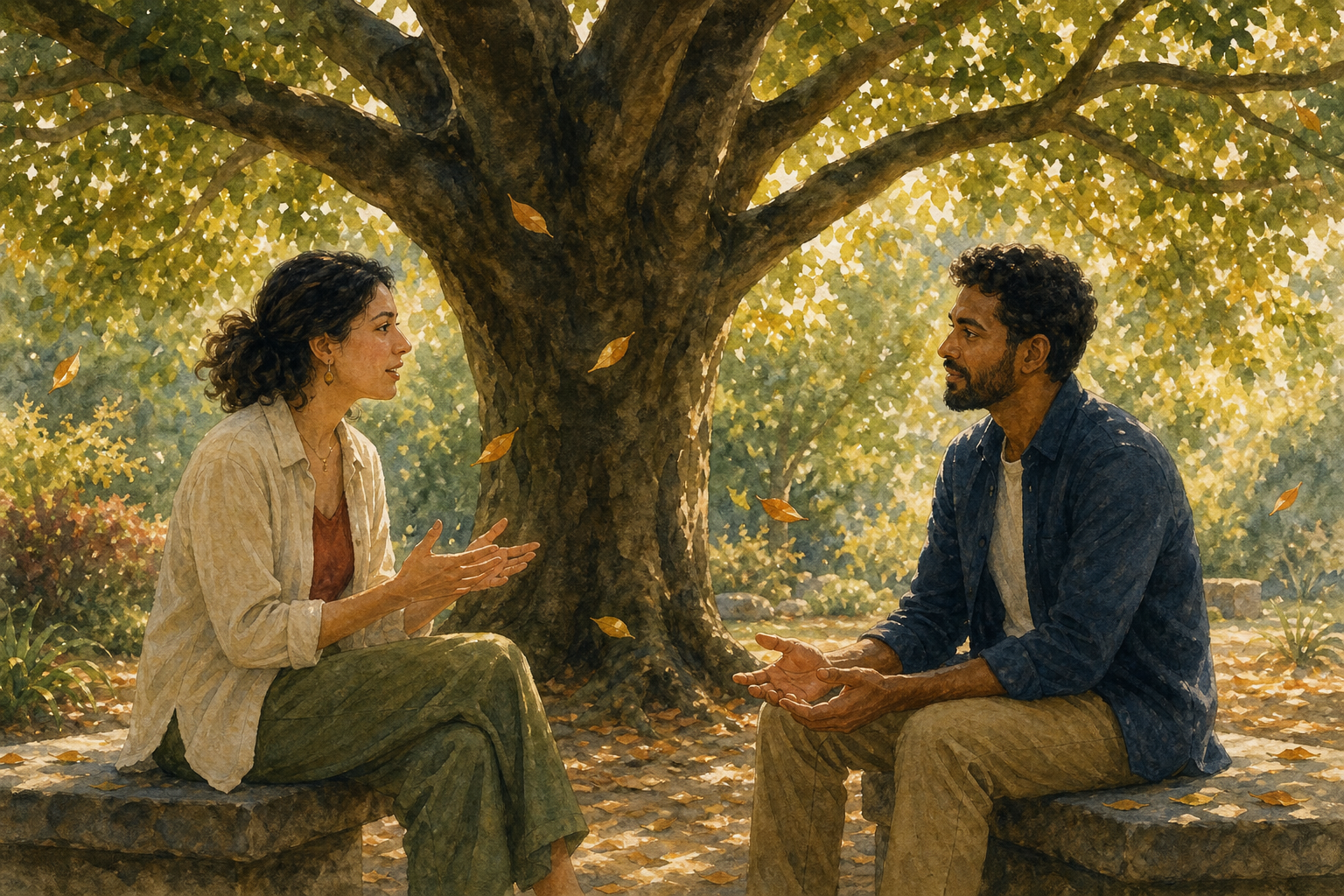 Two adults sit beneath a tree, one speaking while the other listens with open hands and steady eye contact.